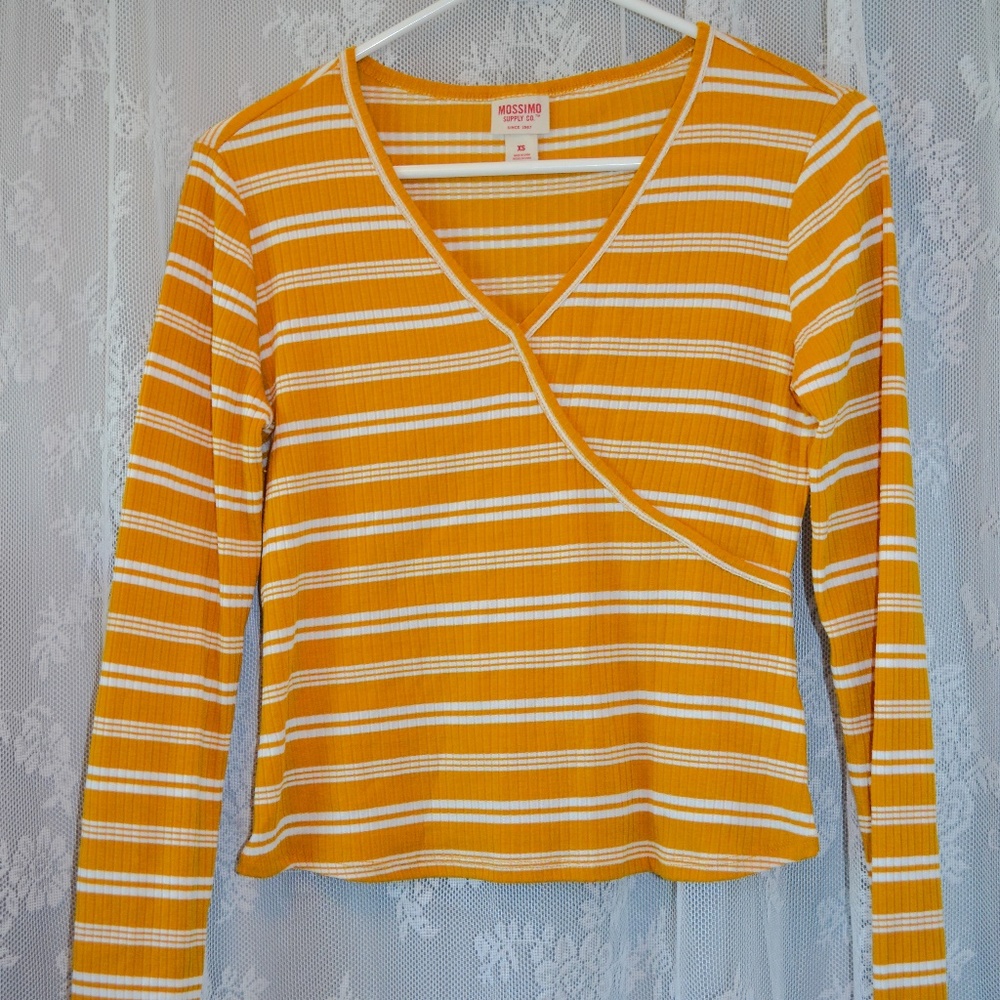 Long Sleeve white and yellow/mustard ribbed shirt
